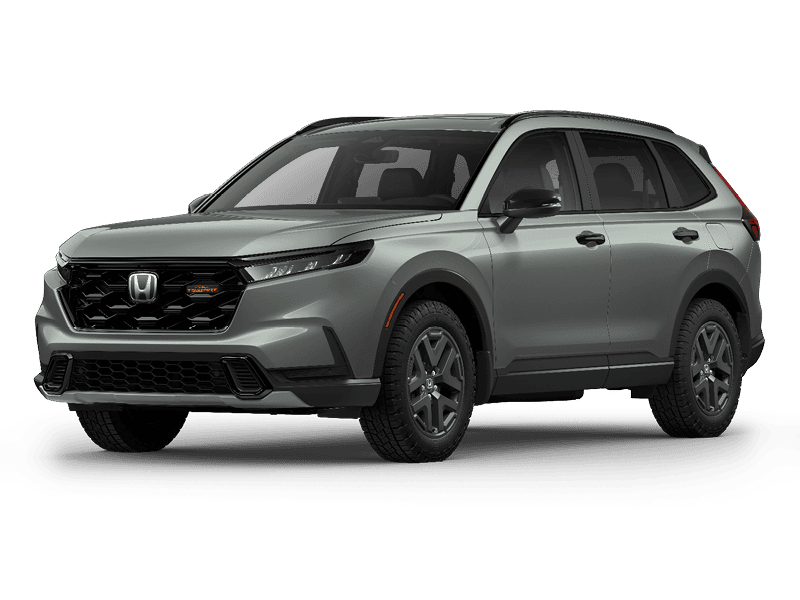 2026 Honda CR-V TrailSport Hybrid SUV in grey, shown at a three-quarter front angle on a white background.