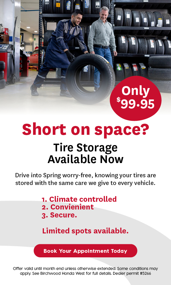 Automotive service promotion featuring a technician assisting a customer with a tire in a tire shop. Ad highlights on-site tire storage for $99.95 with climate-controlled, convenient, and secure storage, plus a “Book Your Appointment Today” call to action.