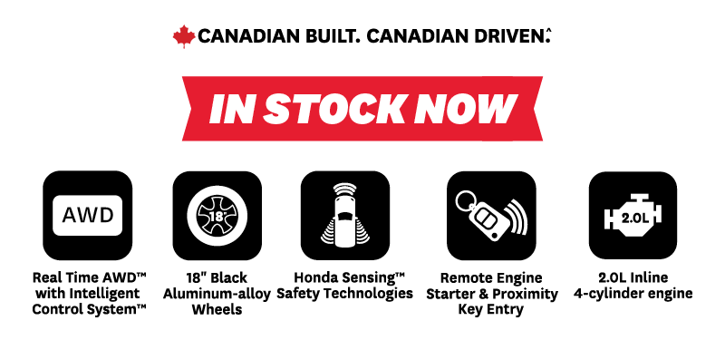Feature icons highlighting Real Time AWD with Intelligent Control System, 18" black aluminum-alloy wheels, Honda Sensing safety technologies, remote engine start with proximity key entry, and a 2.0L inline 4-cylinder engine.