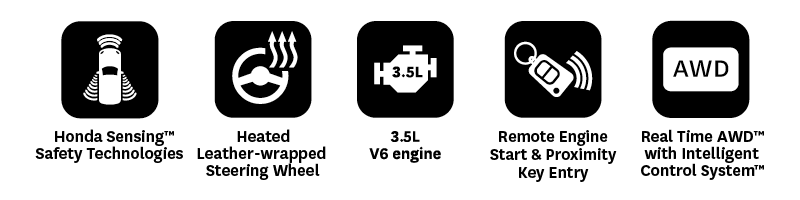 Feature icons showing Honda Sensing safety technologies, heated leather-wrapped steering wheel, 3.5L V6 engine, remote engine start with proximity key entry, and Real Time AWD with Intelligent Control System.