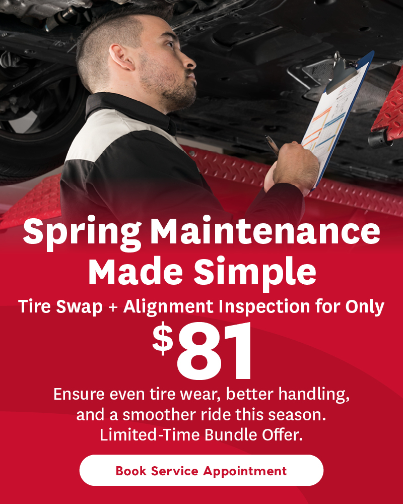 Technician inspecting car wheel, “Spring Maintenance Made Simple” promo offering tire swap and alignment inspection for $81, limited-time auto service deal with call-to-action “Book Your Appointment Today.”