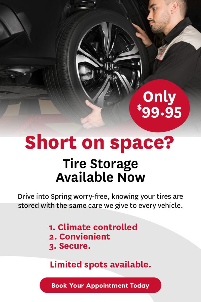 Automotive service promotion featuring a technician assisting with a tire change. Ad highlights on-site tire storage for $99.95 with climate-controlled, convenient, and secure storage, plus a “Book Your Appointment Today” call to action.