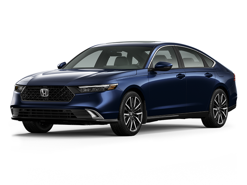 2026 Sleek dark blue Honda sedan with modern grille, sharp headlights, and sporty alloy wheels, shown on a white background.