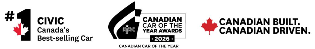 #1 Civic Canada's best-selling car, Canadian Car of the Year Awards 2026 winner, Canadian built and driven with maple leaf icons.